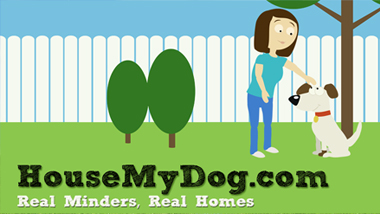 Cartoon woman and dog in backyard with trees, promoting HouseMyDog.com, tagline Real Minders, Real Homes.