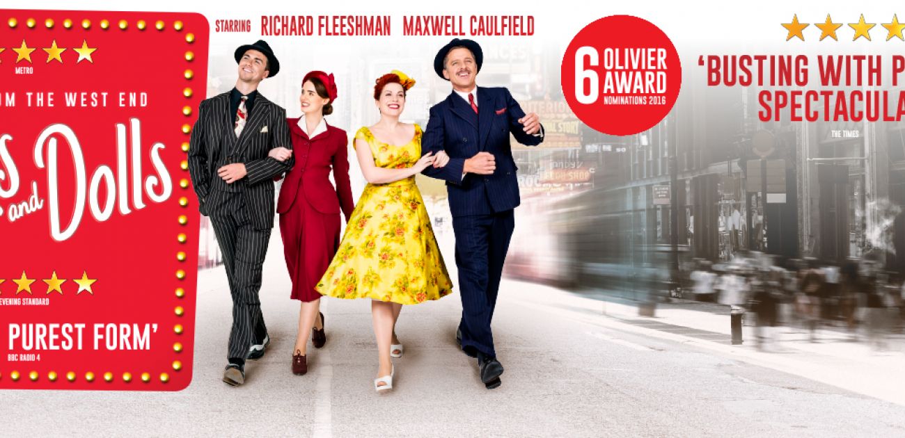 Musical Guys and Dolls promo showing cast in colorful 1950s attire, featuring 6 Olivier Award nominations.