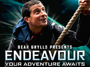 Outdoor adventure poster with man climbing rope, text: Bear Grylls Presents Endeavour Your Adventure Awaits, set against a rugged backdrop.