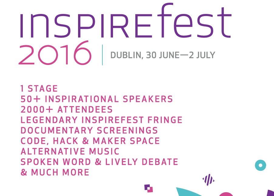 Event poster for Inspirefest 2016 in Dublin, showcasing speakers, documentary screenings, and alternative music.