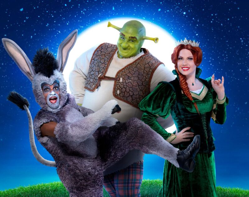 Three people dressed as characters from Shrek pose under a starry sky with a full moon backdrop.