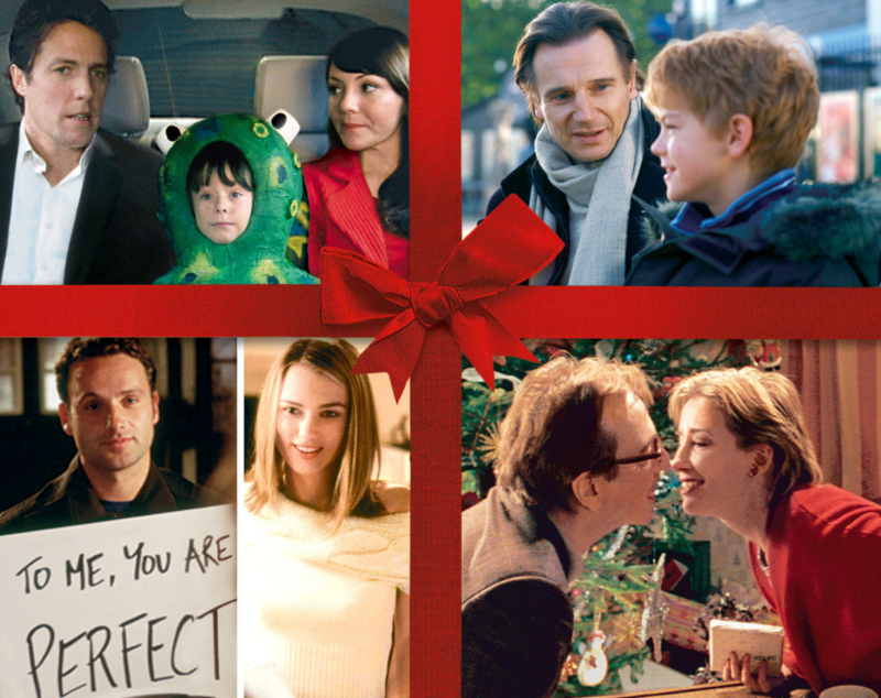 Collage of festive scenes from a holiday movie with characters and a red bow.