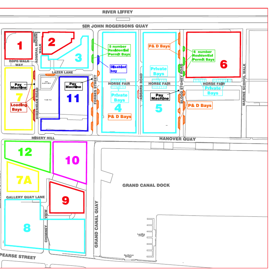 Parking map near River Liffey: Zones 1-12, private/permit bays, pay machines, loading areas, residential bays.