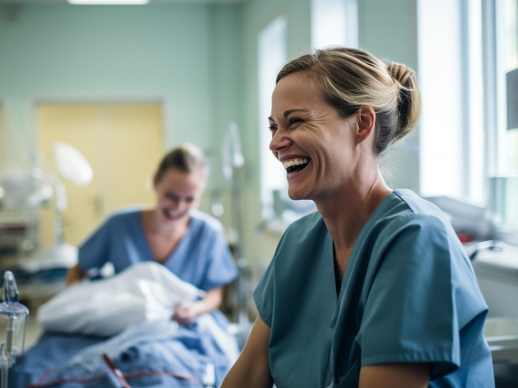 Smiling nurses in scrubs sharing a light moment in a hospital setting.