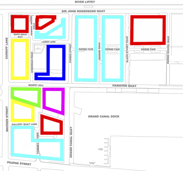 Map of Dublin’s Grand Canal Dock and River Liffey quays with colour-coded blocks and labelled streets.